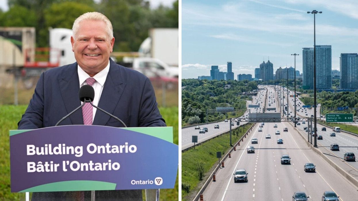 Doug Ford smiles while making an announcement at a press conference on Wednesday. Right: Toronto's busy highway 401.