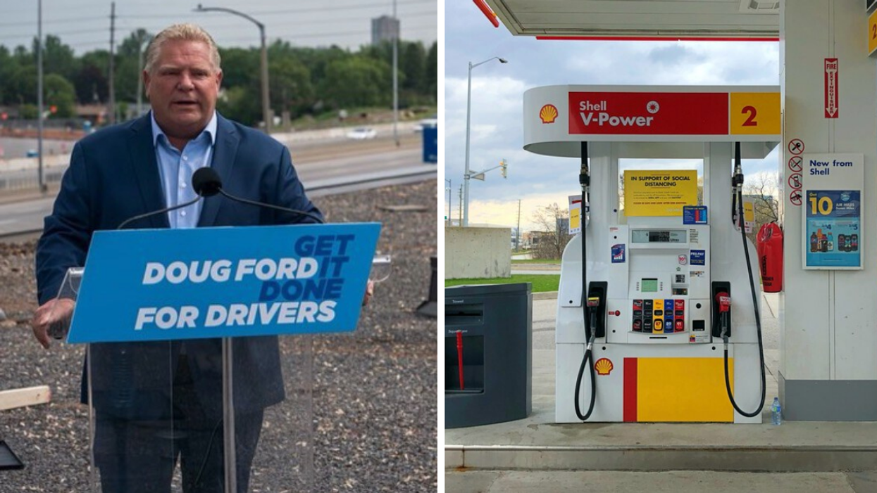 Doug Ford speaking during a press conference. Right: Gas station pump.