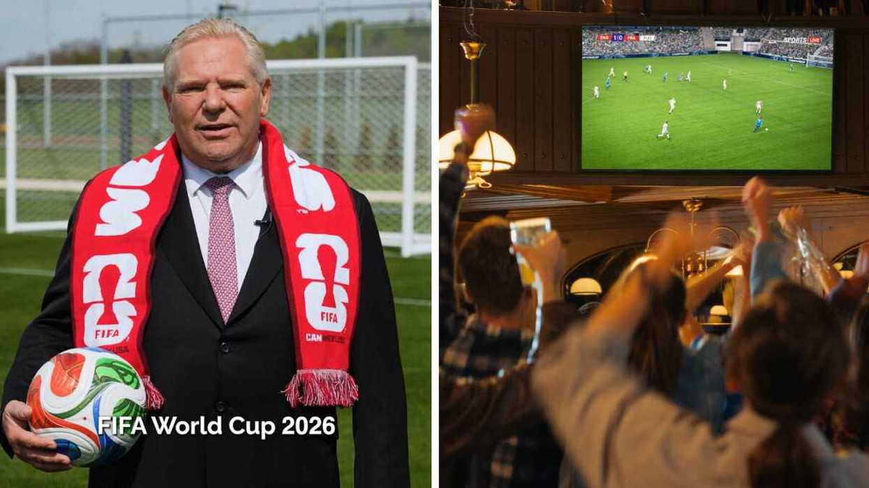 Doug Ford speaks to camera from a soccer pitch, holding a soccer ball and wearing a Team Canada soccer scarf over his full suit. Right: Soccer fans cheer on their team at a sports bar.