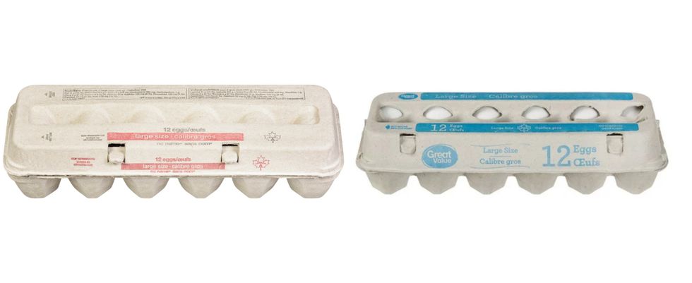 Douzaine de gros oeufs blancs Sans Nom. Droite : Douzaine de gros oeufs blancs Great Value.