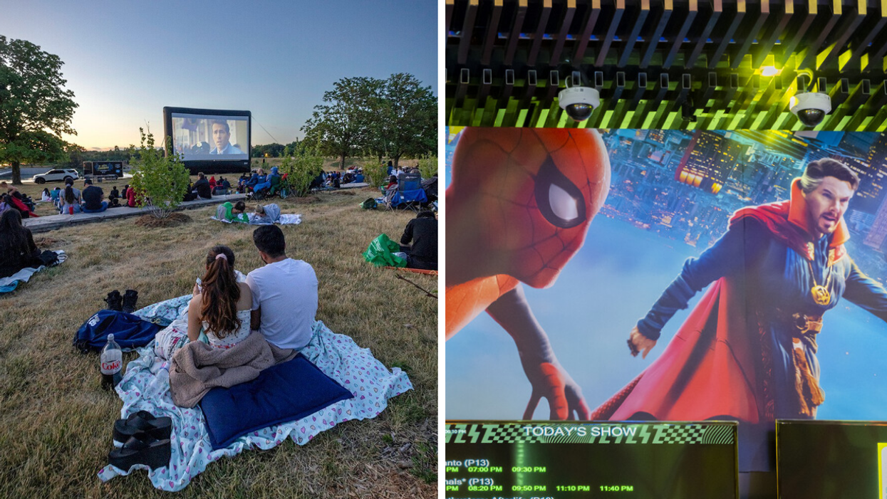 Downsview Park in Toronto. Right: A movie poster for Marvel's "Spider-Man: No Way Home."