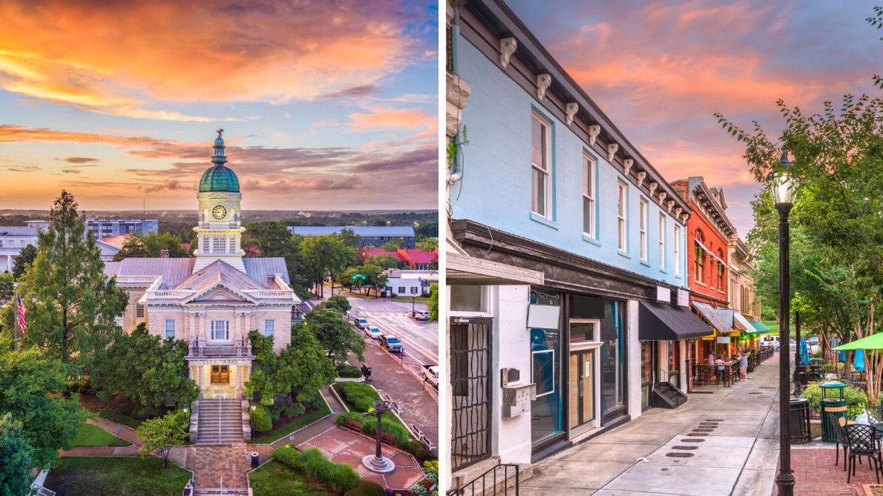 Downtown Athens at sunset. Right: Storefronts in Historic Downtown Athens, GA