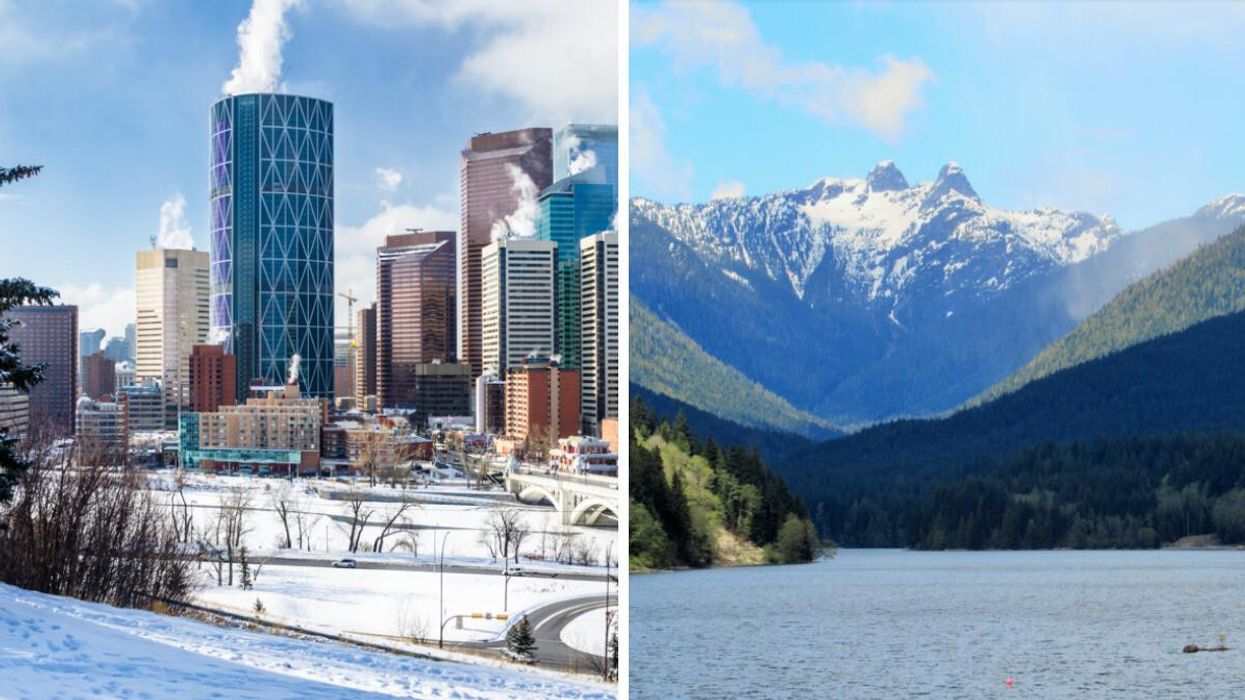 Downtown Calgary with snow. Right: B.C. mountain.