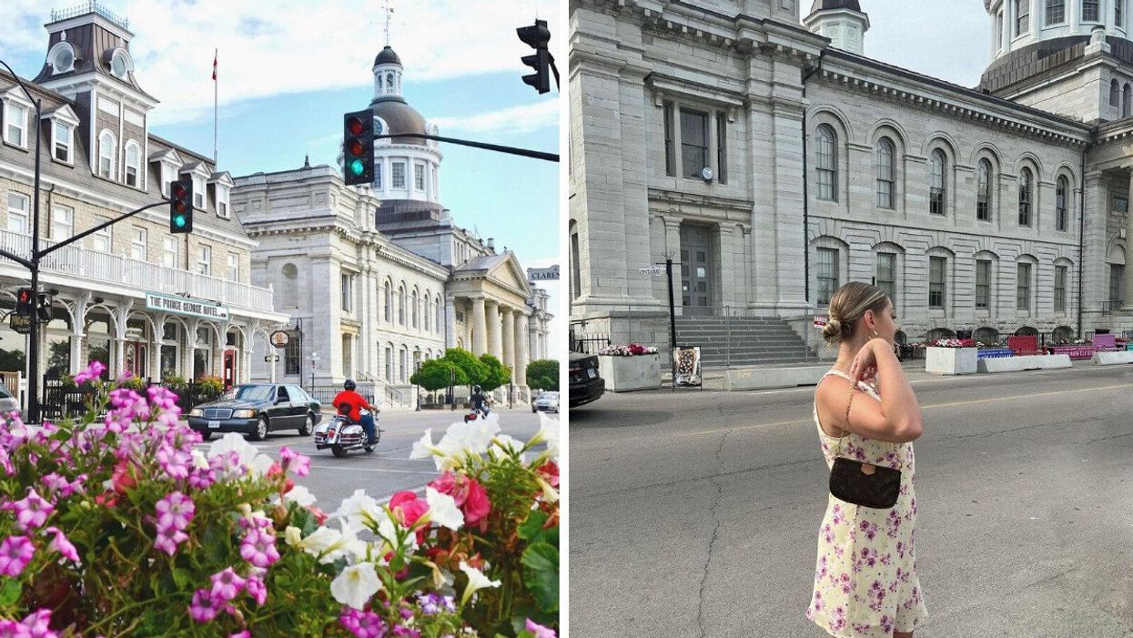 Downtown Kingston, Ontario. Right: A person standing in front of a building.