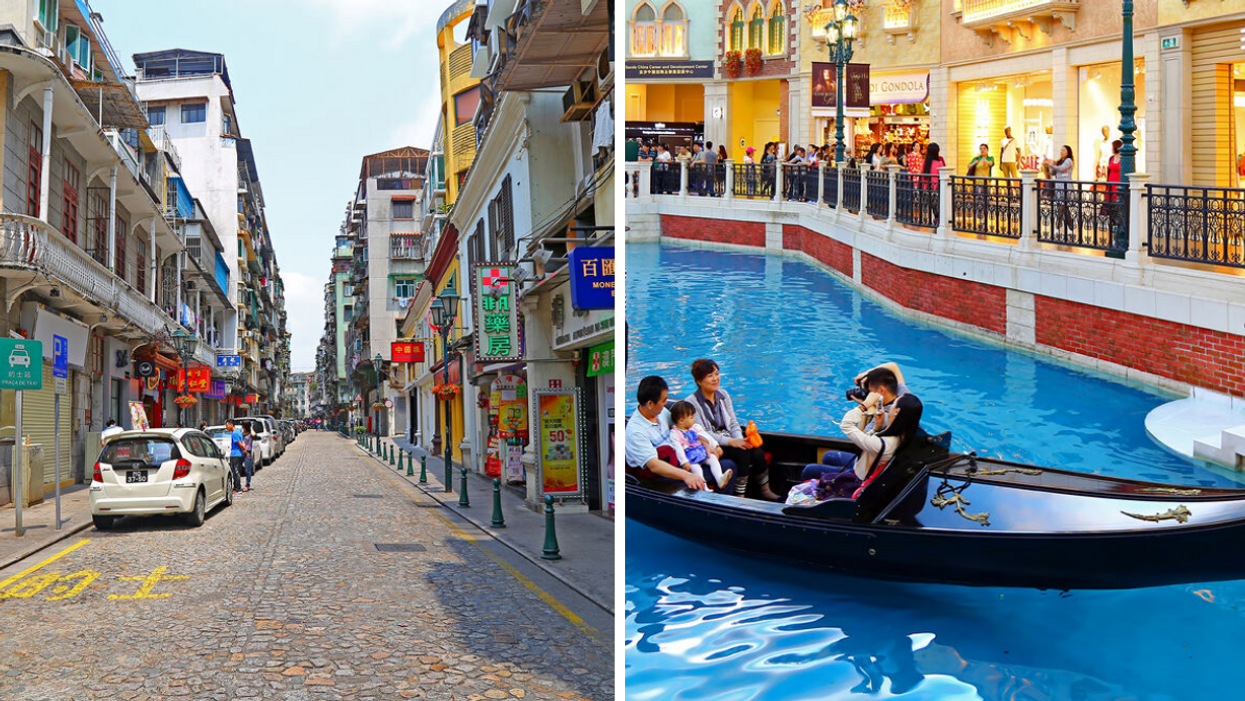 Downtown Macau. Right: A goldola ride inside a hotel in Macau.