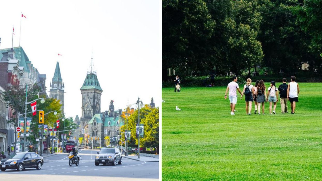Downtown Ottawa. Right: People in a park.