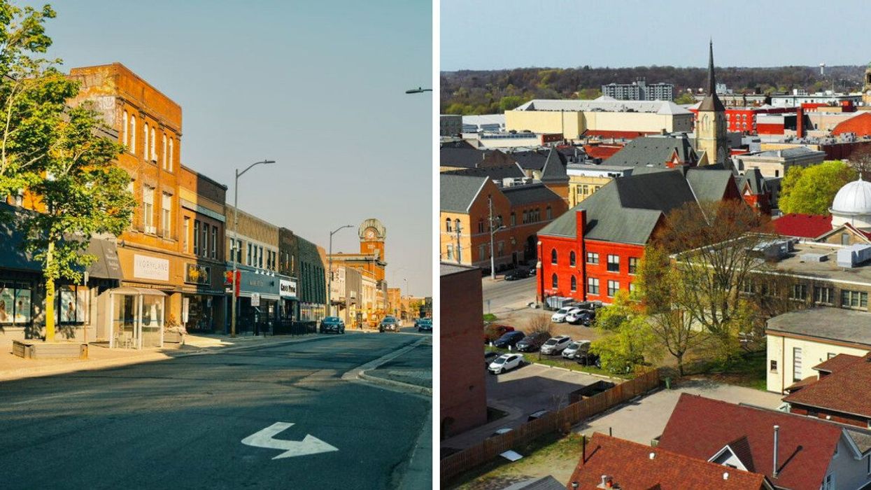 Downtown Sault Ste. Marie, Ontario. Right: Aerial view of Brantford, Ontario.