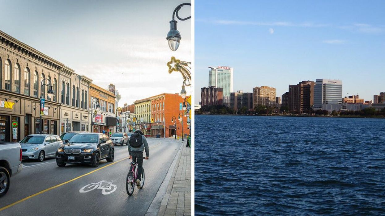 Downtown St. Catharines. Right: The skyline of Windsor, Ontario.