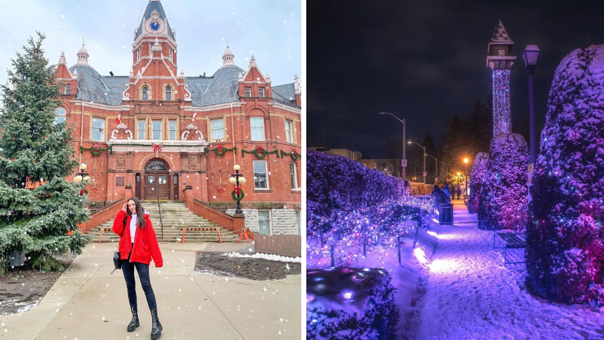 Downtown Stratford decorated for Christmas. Right: Snowy twinkly light trail.