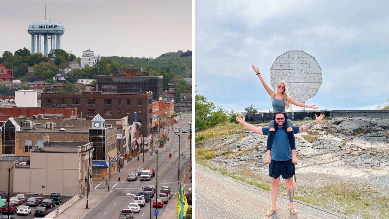 Downtown Sudbury. Right: Visitors at the Big Nickel.