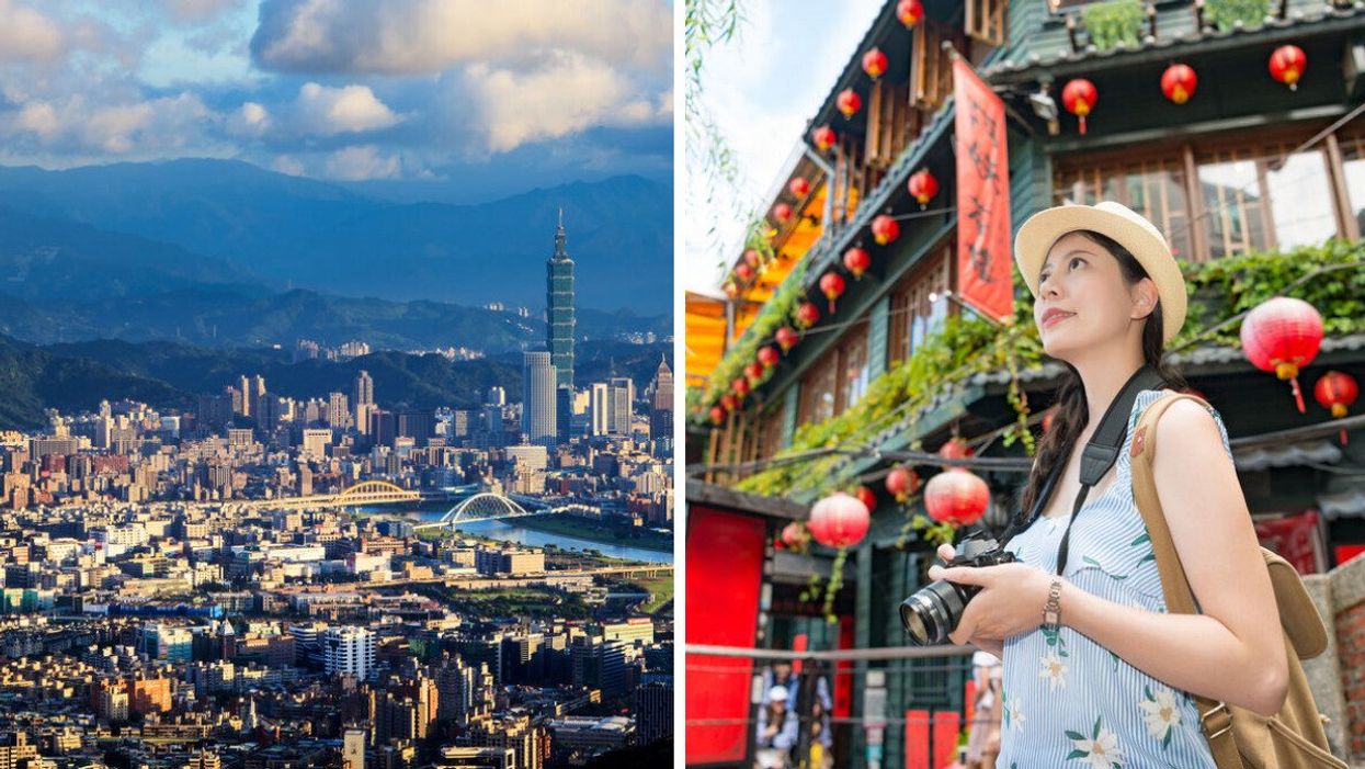 Downtown Taipei, Taiwan. Right: A tourist visiting a landmark in Taiwan.