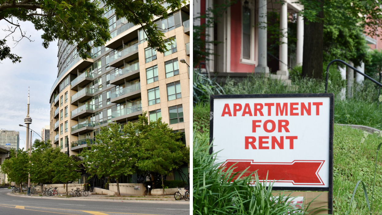 Downtown Toronto apartments. Right: A for rent sign.