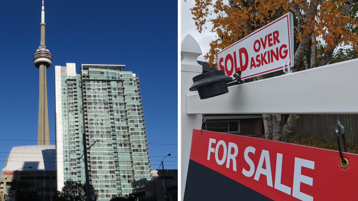 Downtown Toronto condo by the CN Tower. Right: For sale sign.