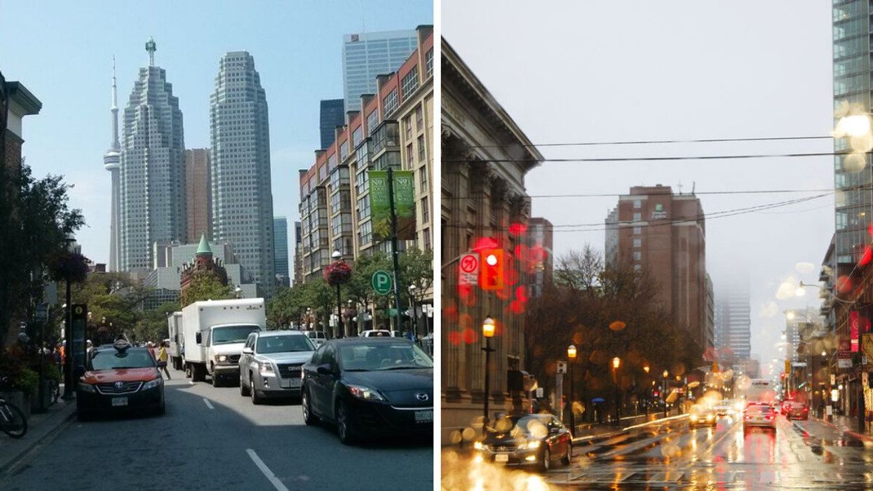Downtown Toronto during summer. Right: Toronto in the rain.
