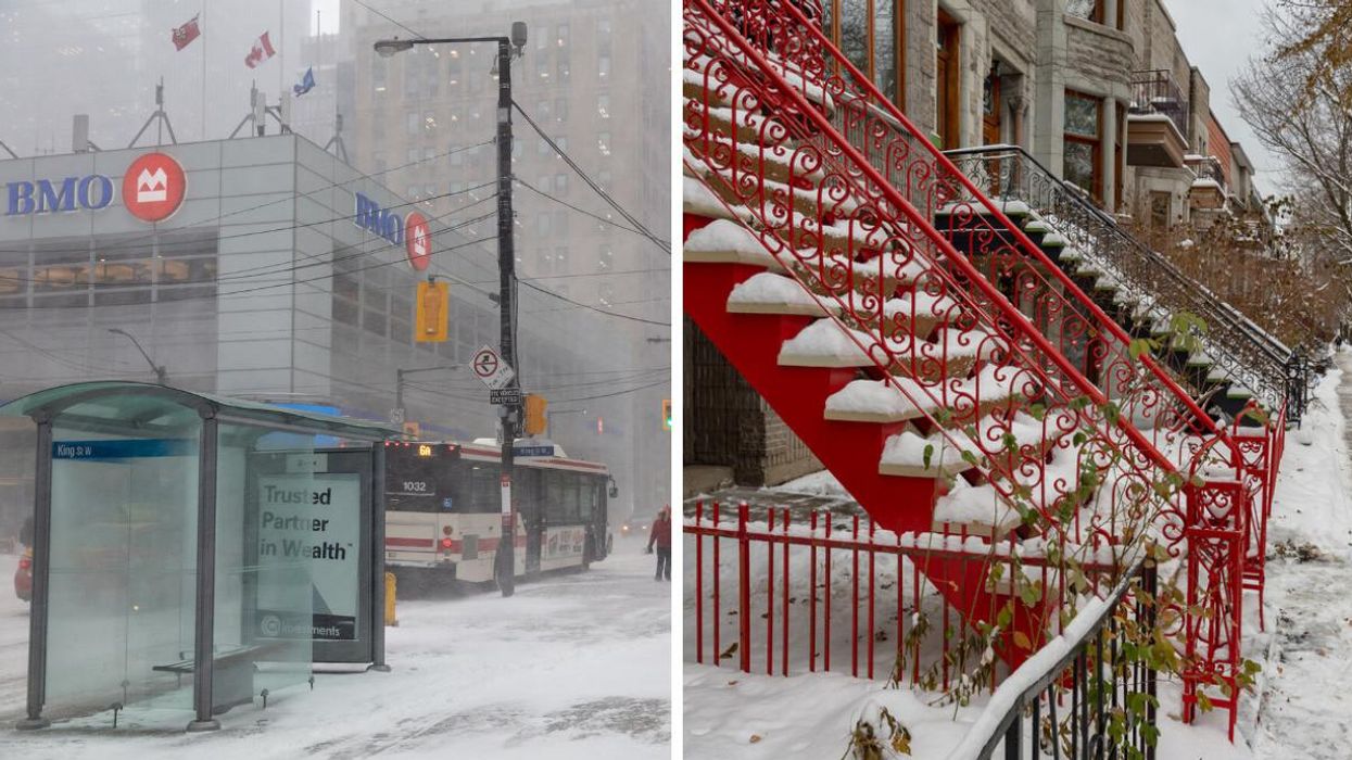 Downtown Toronto in a snowstorm. Right: Montreal in the winter.