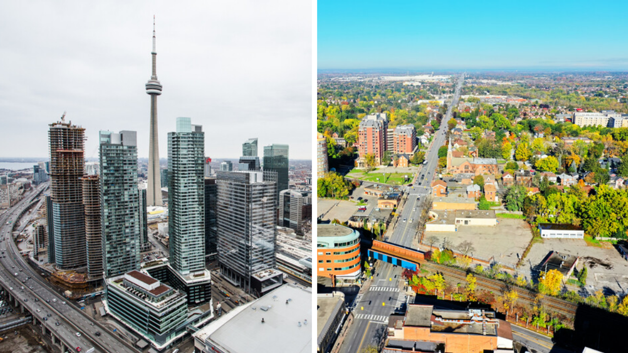 Downtown Toronto. Right: Aerial view of Brampton.