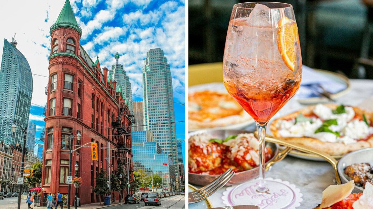 Downtown Toronto. Right: Cocktails and food at a Toronto restaurant.