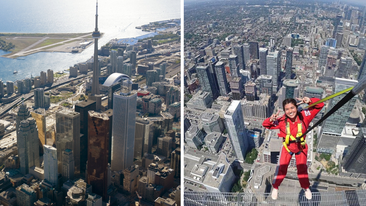 Downtown Toronto. Right: Person walking the EdgeWalk at the CN Tower.
