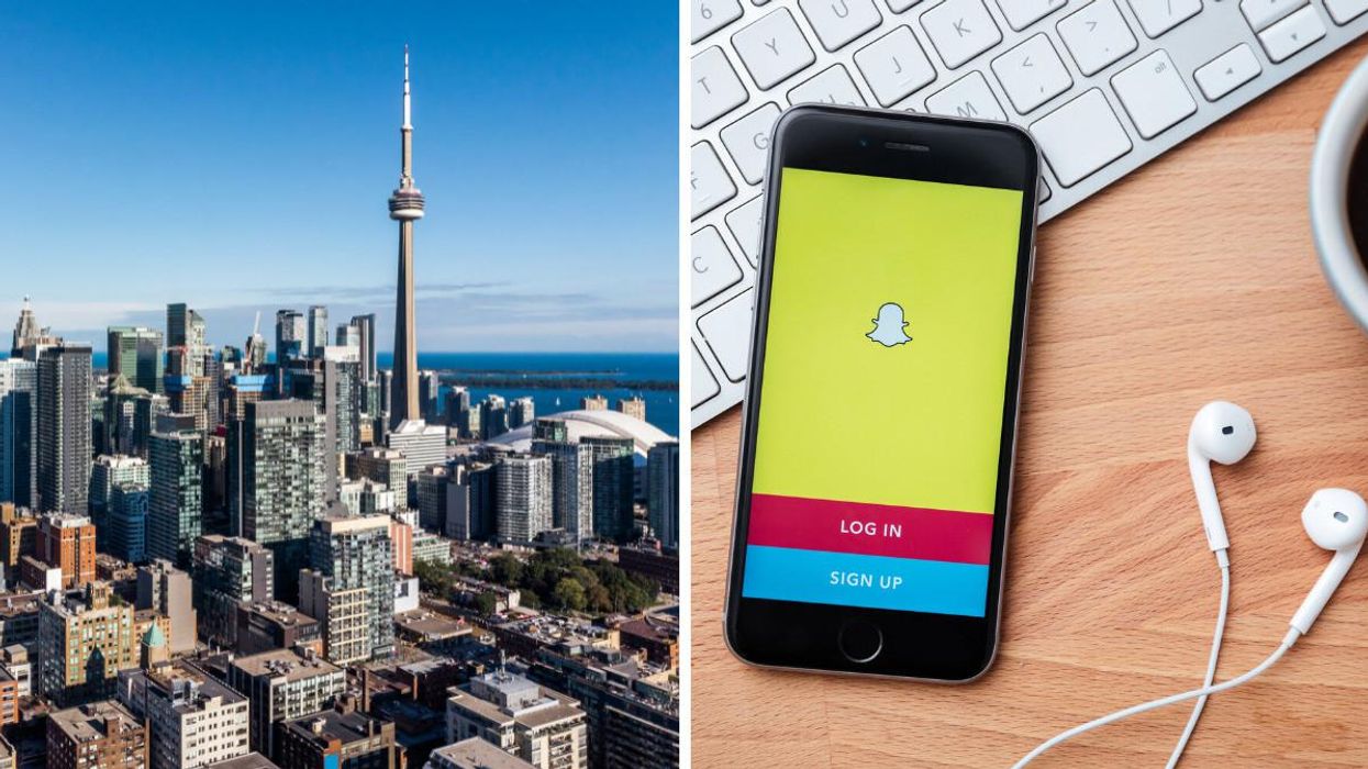 Downtown Toronto. Right: Phone with Snapchat app open.