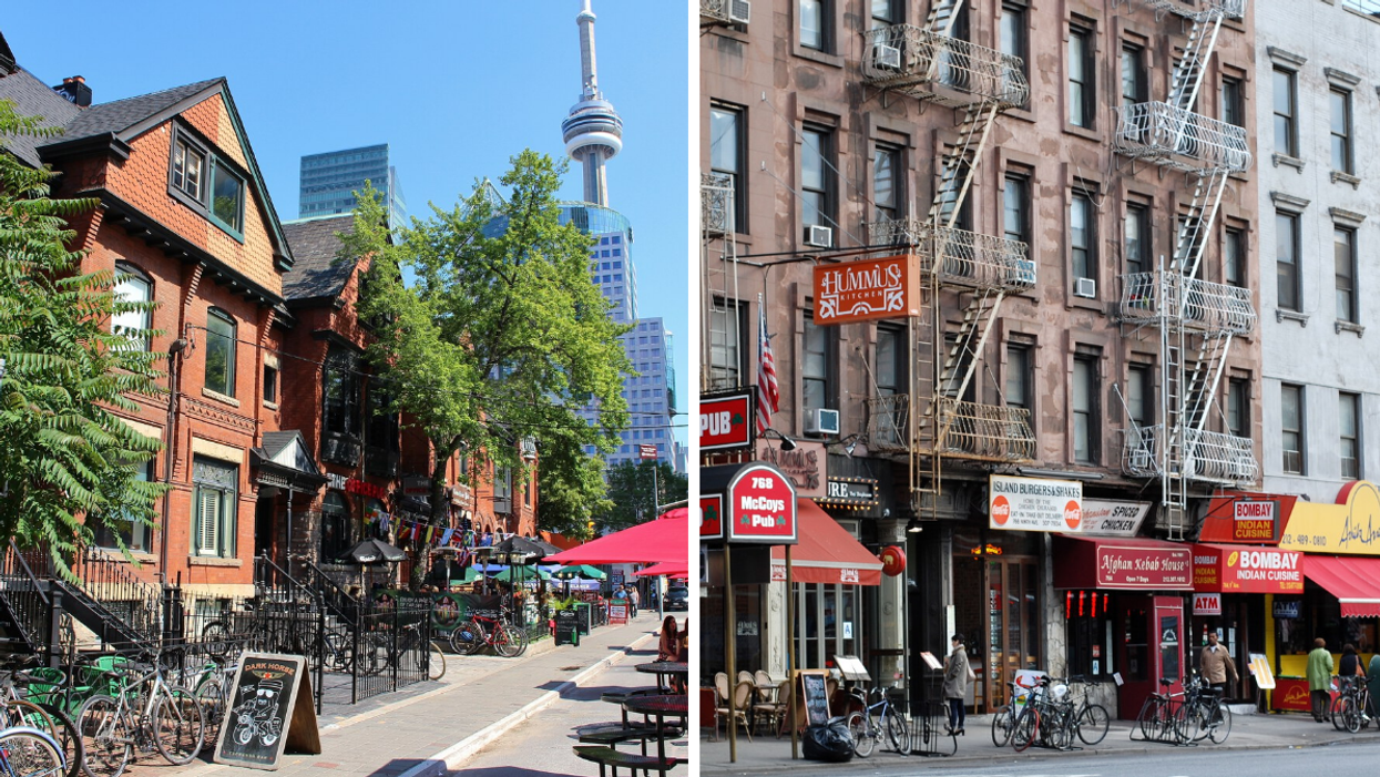 Downtown Toronto. Right: Restaurants in NYC.
