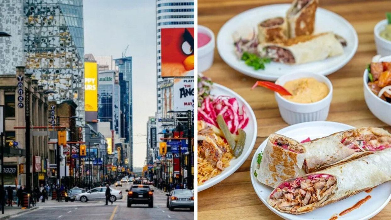Downtown Toronto. Right: Shawarma in Toronto.