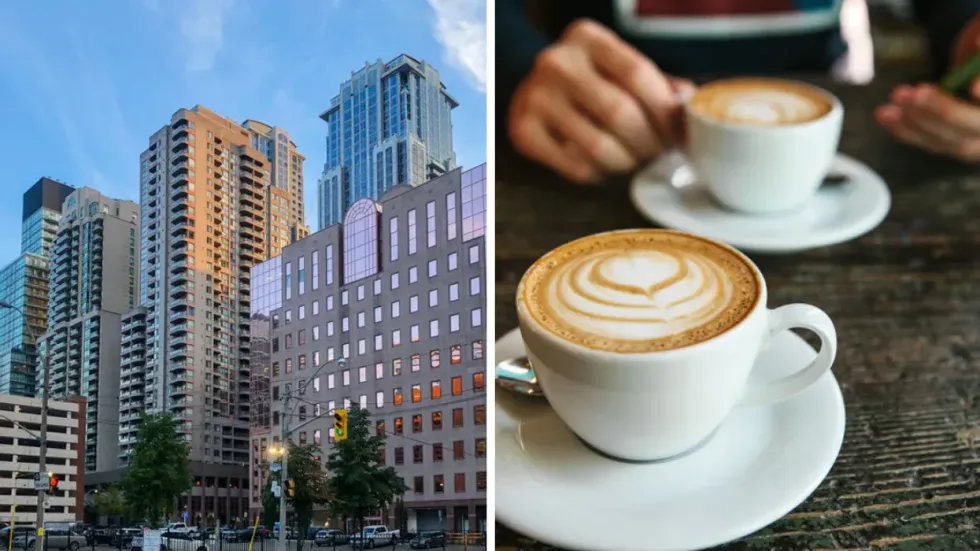 Downtown Toronto. Right: Two cups of coffee on a table.