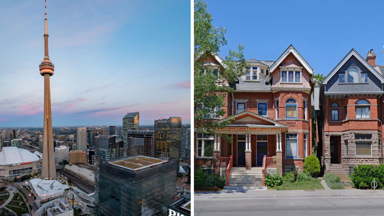 Downtown Toronto view with CN Tower. Right: A row of houses in the GTA.