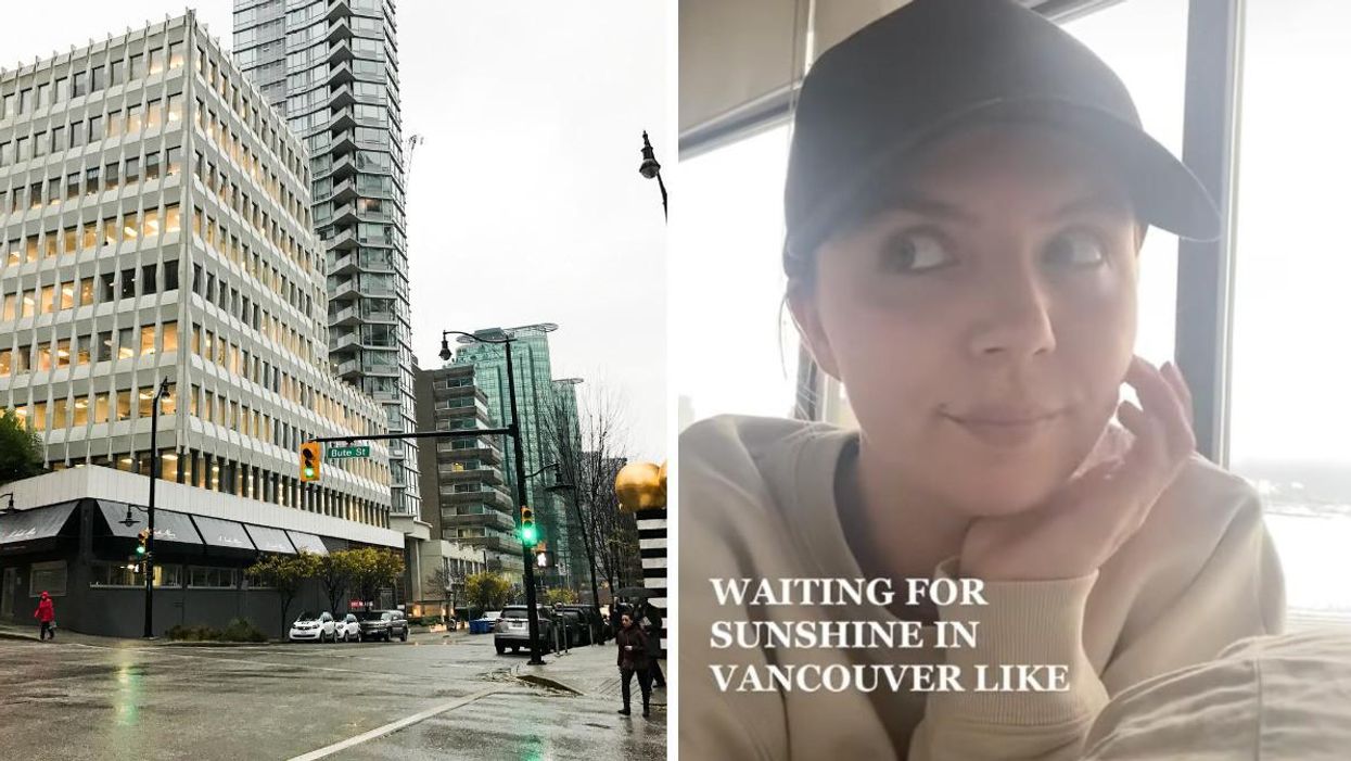 Downtown Vancouver in the rain. Right: A woman pondering.