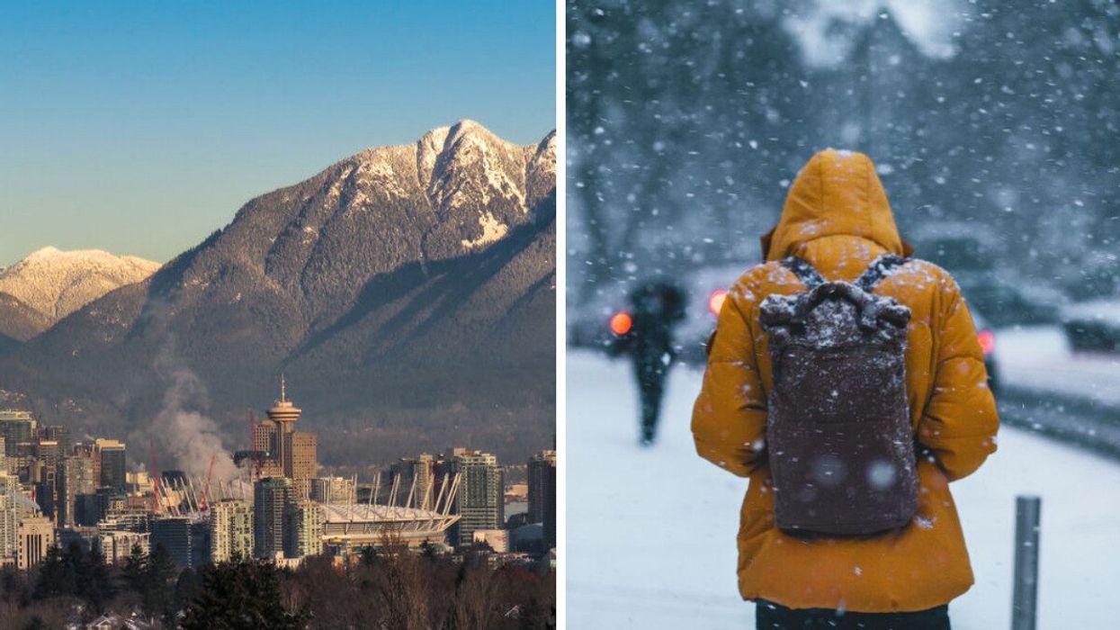 Downtown Vancouver. Right: A person walks through snow in a parka.