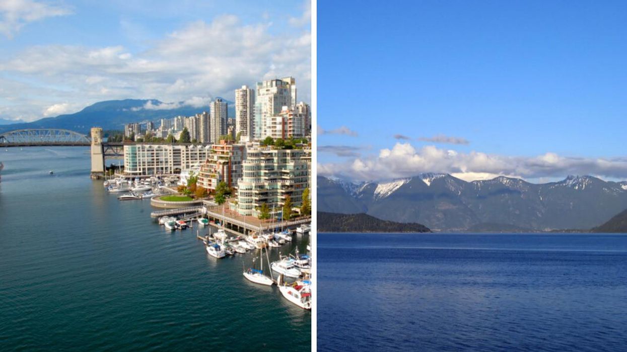 Downtown Vancouver. Right: Coastal Mountains alongside the Pacific Ocean.