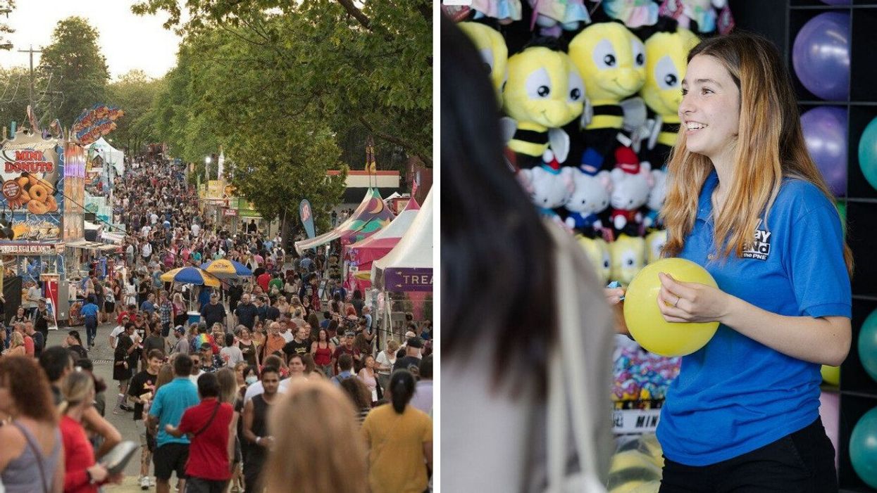 Dozens of people walking around a fair with booths and food stands. Right: An employee at a fair holding a yellow balloon with stuffed animals behind her.
