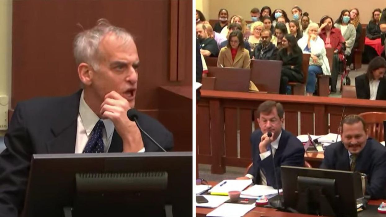 Dr. David R. Spiegel testifying in court. Right: Johnny Depp and his lawyer in court.
