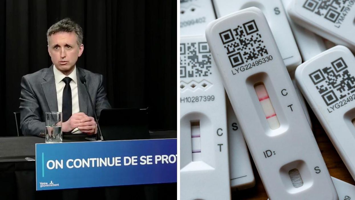 Dr Jean Longtin en point de presse. Droite : Tests positifs à la COVID-19.