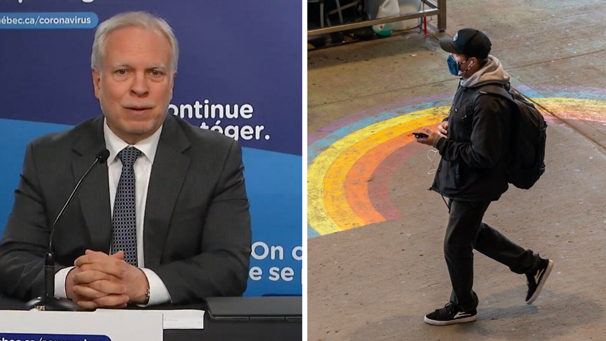 Dr Luc Boileau assis durant une conférence de presse. Droite : Adulte portant un masque dans un espace public décoré d'un arc-en-ciel.