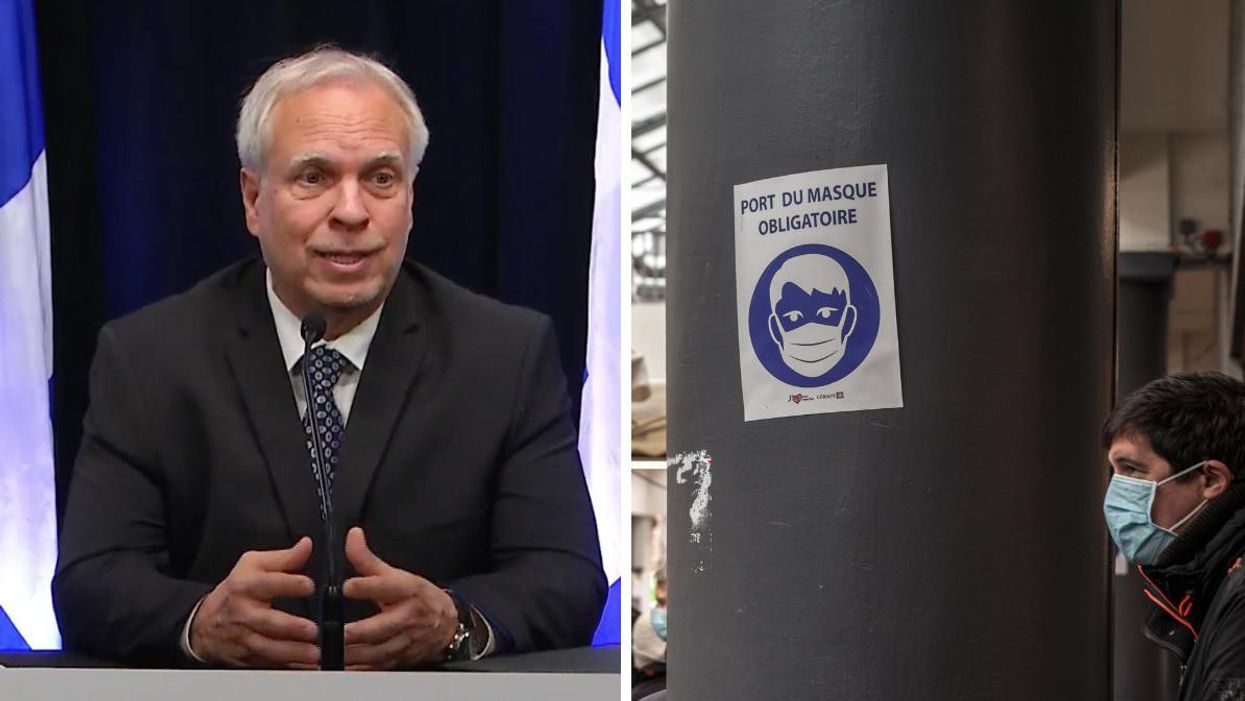 Dr Luc Boileau. Droite : Affiche indiquant le port du masque obligatoire.