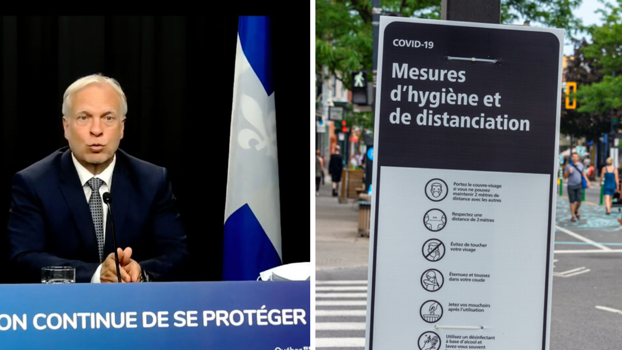 Dr Luc Boileau. Droite : Pancarte mesure d'hygiène.