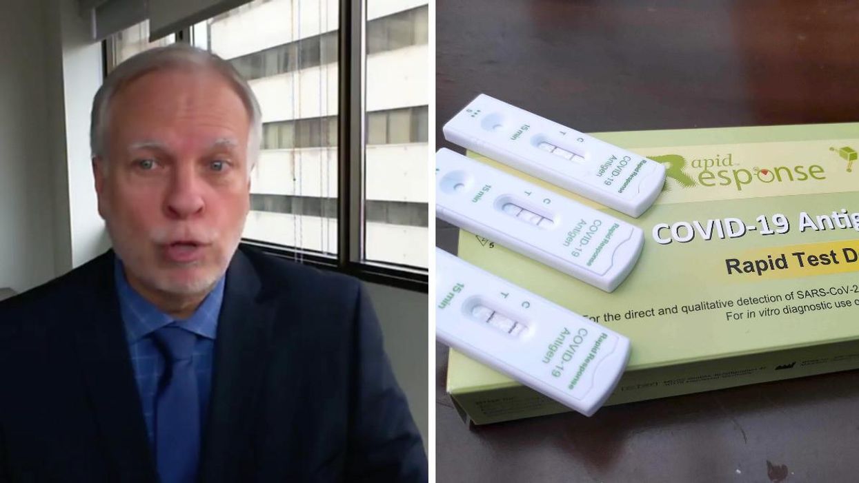 Dr Luc Boileau en conférence de presse. Droite : Trois tests rapides de dépistage de la COVID-19.