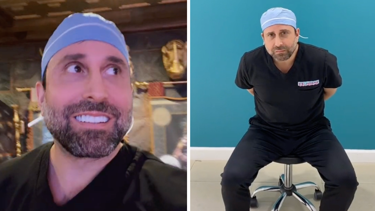 Dr. Miami making a TikTok. Right: Dr. Miami sitting down in a chair.