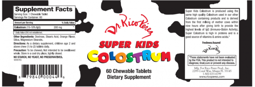 Dr. Rico Perez's recalled Super Kids Colostrum label.