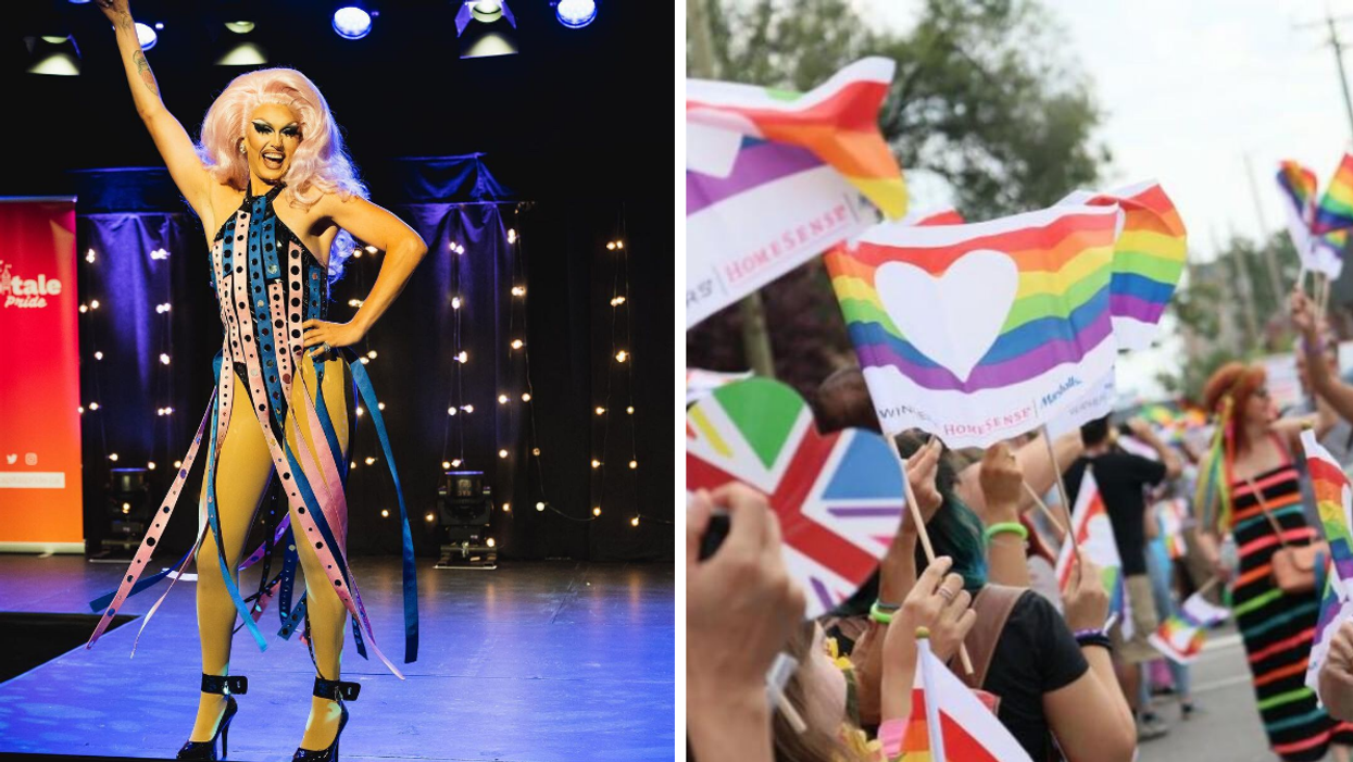 Drag queen performing in the Capital Pride pageant. Right: Rainbow flags at Ottawa's Pride parade.