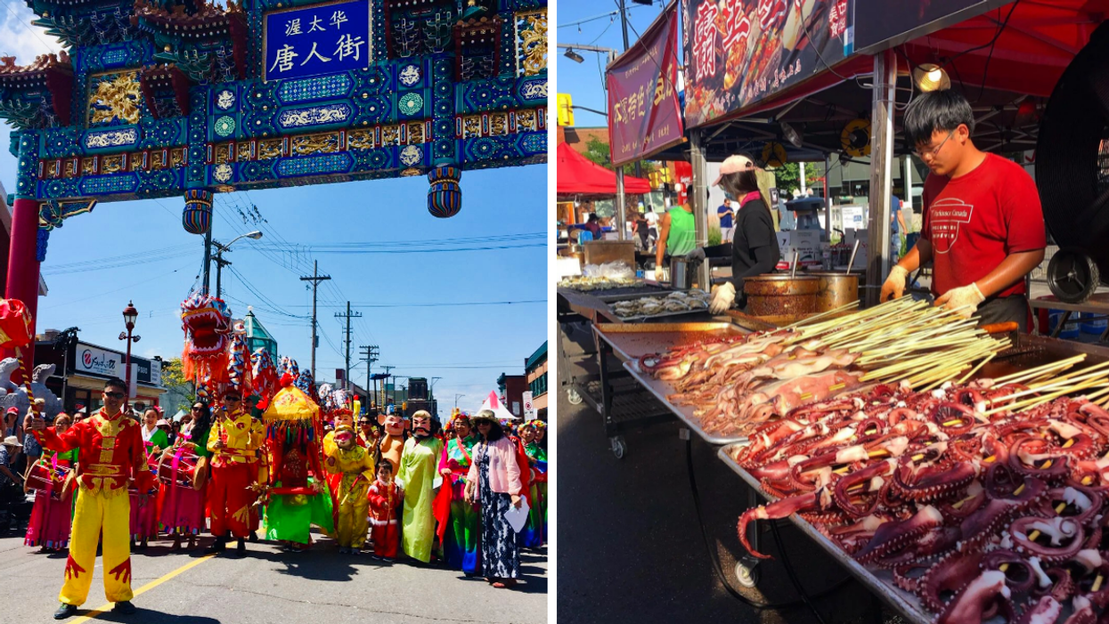 Dragon dance and cultural performances in Chinatown. Right: Asian cuisine at the Ottawa night market.