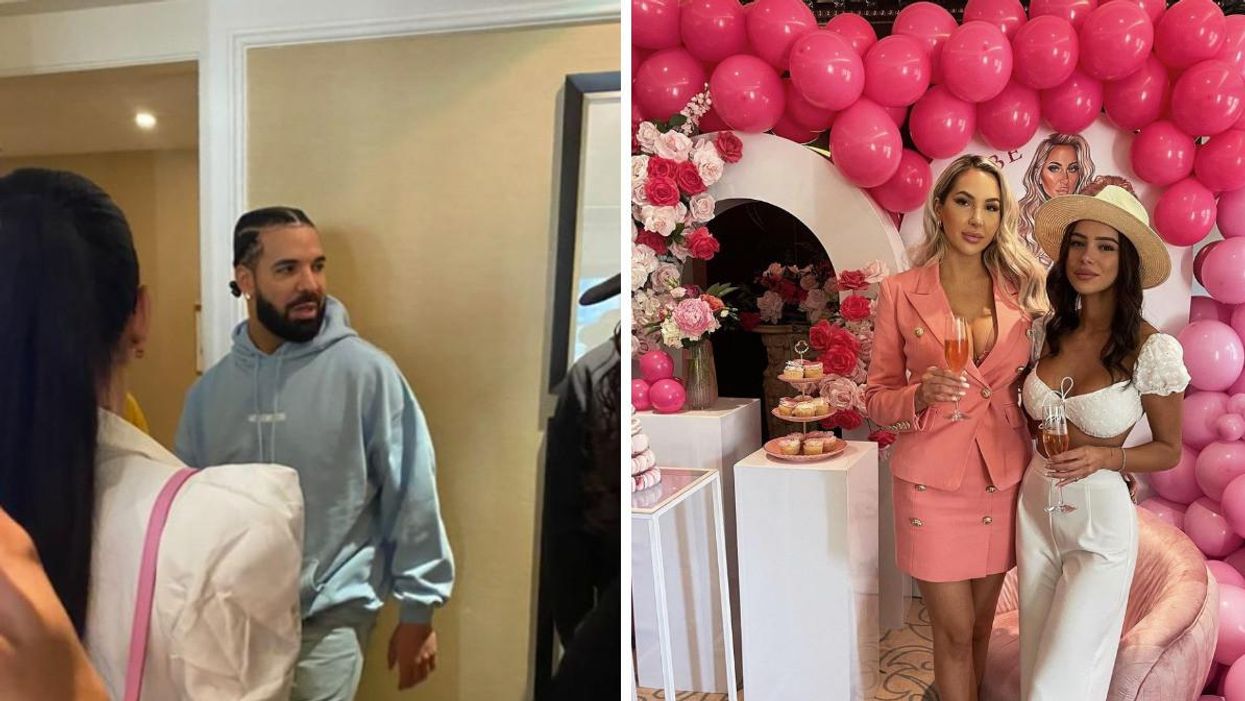 Drake à Montréal. Droite: La future mariée Catherine Hamel et sa meilleure amie Sabrina Adams.