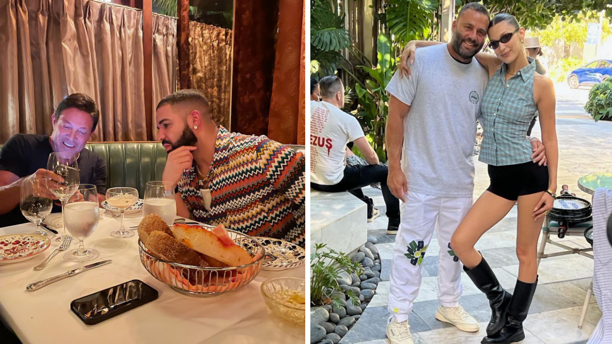 Drake and Jordan Belfort aka "Wolf Of Wallstreet" at Carbone in Miami. Right: David Grutman and Bella Hadid at Swan in Miami.