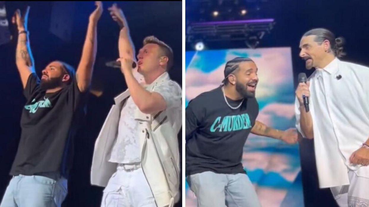 Drake and Nick Carter. Right: Drake singing with Kevin Richardson.