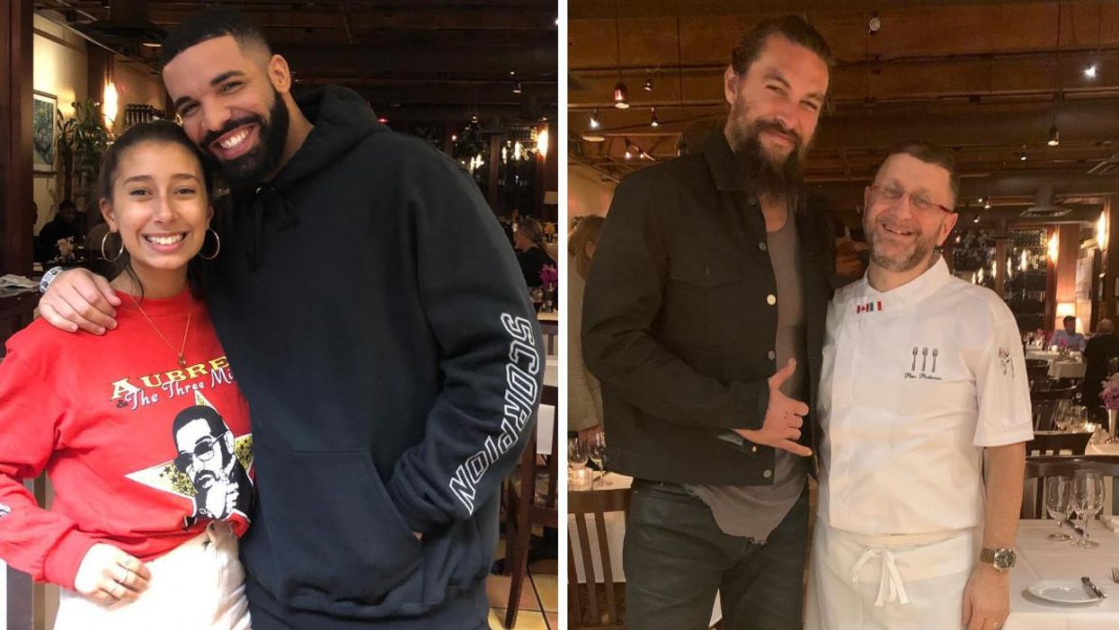 Drake at Cioppino's Mediterranean Grill. Right: Jason Momoa at Cioppino's Mediterranean Grill.