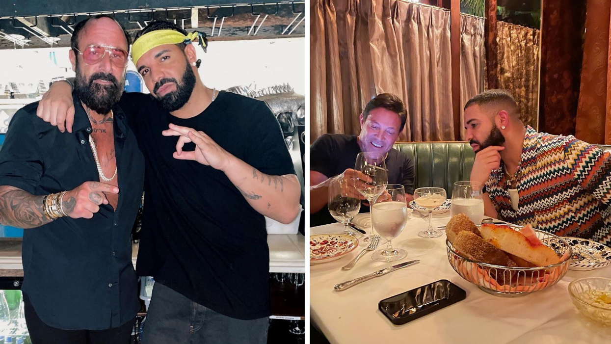 Drake at Kiki On The River in Miami. Right: Drake at Carbone's in Miami with Jordan "Wolf of Wallstreet" Belfort.