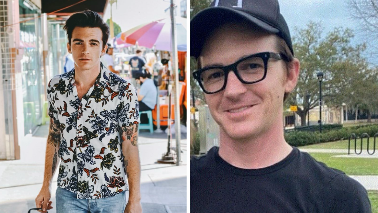 Drake Bell walking on the sidewalk. Right: Drake Bell with glasses and a hat on.