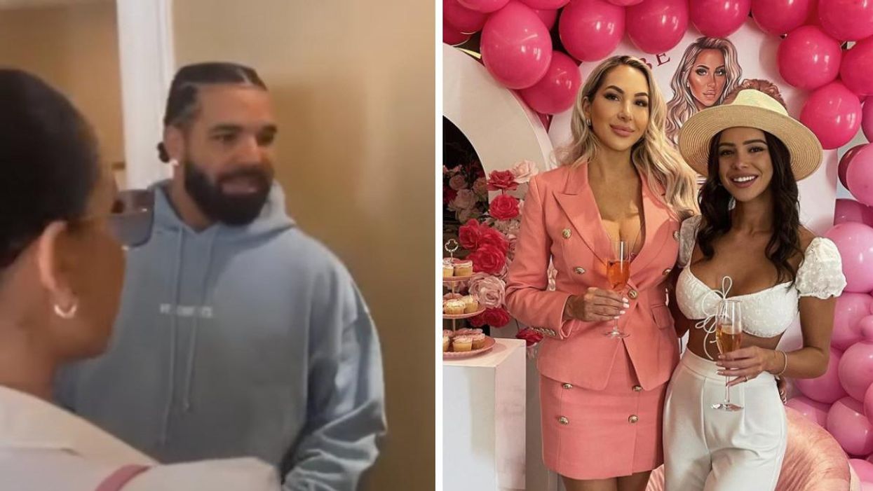 Drake crashing a bridal shower. Right: The bride at her shower, posing with her friend Sabrina Adams.