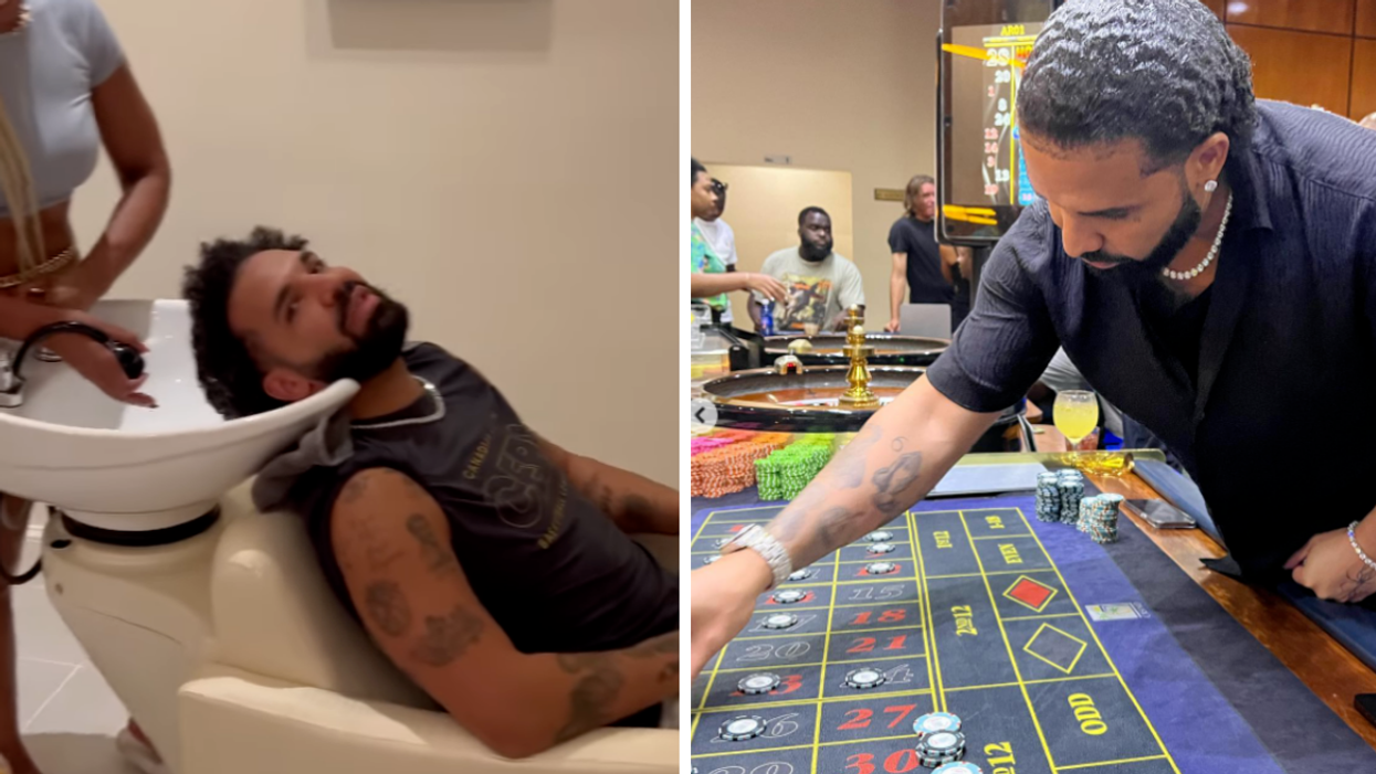 Drake getting his hair done. Right: Drake debuting his new look.