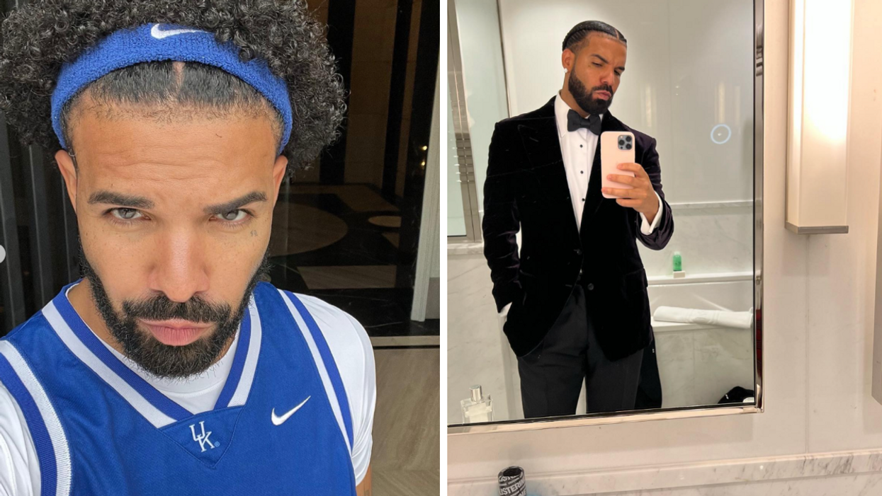 Drake in a blue jersey. Right: Drake in a black suit jacket and a bowtie.